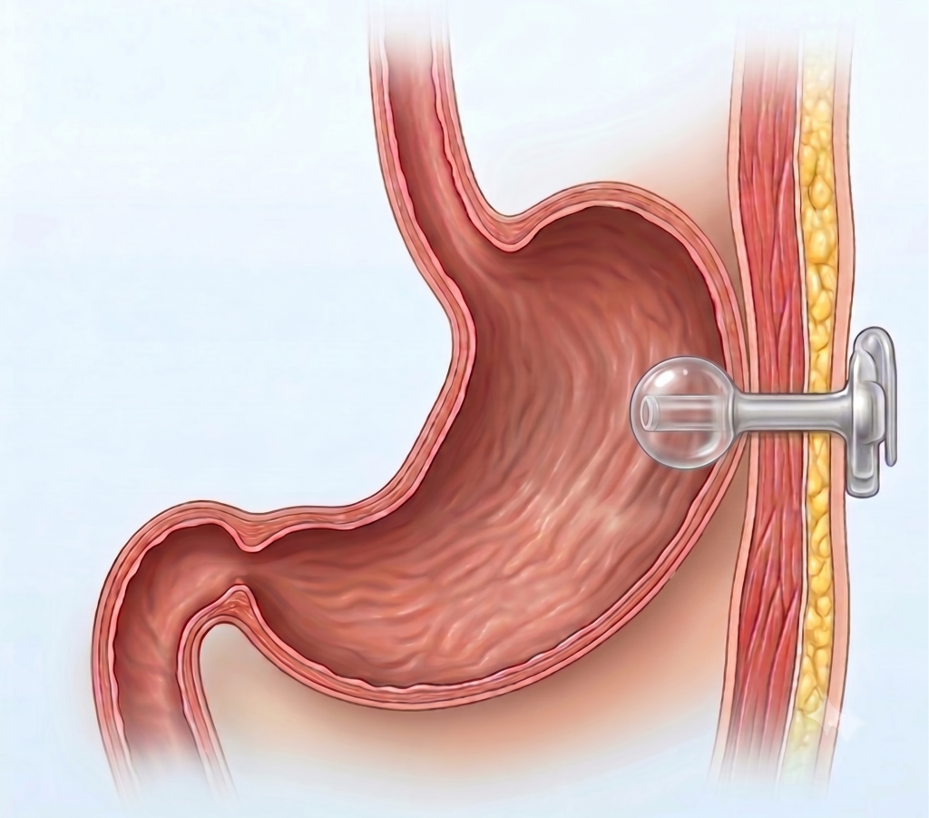 Button-Gastrostomie beim Kind im Querschnitt: Halteballon im Magen und flacher Ernährungsknopf an der Bauchdecke